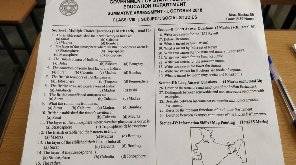 8th Class Social Question Paper 2018 SA1 Government