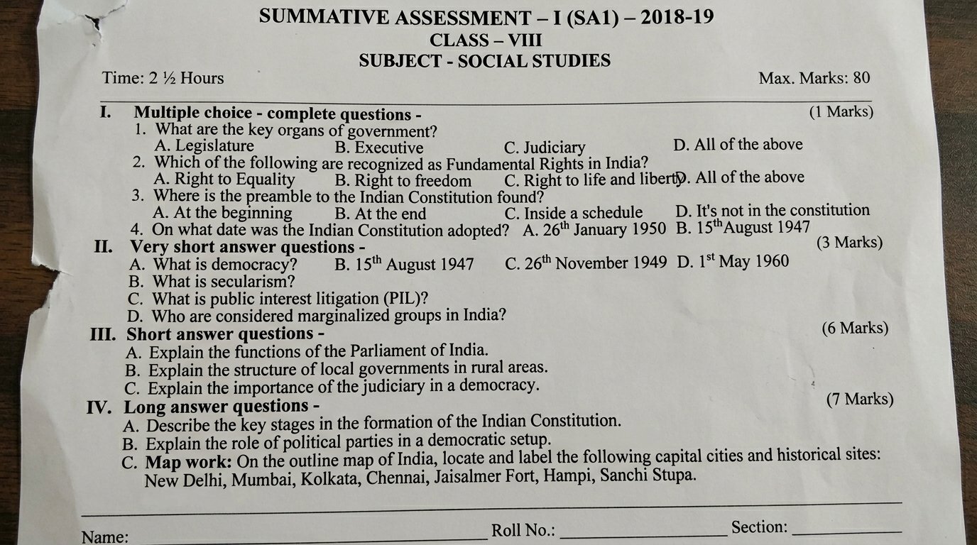 8th Class Social Question Paper 2018 SA1 Government
